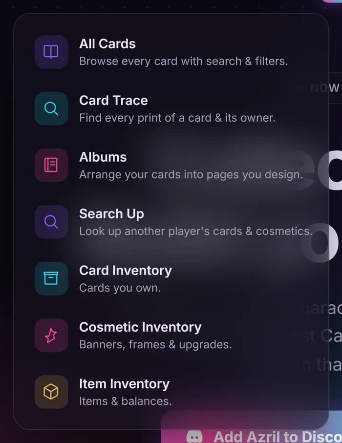 The Cards menu as it appears on the site