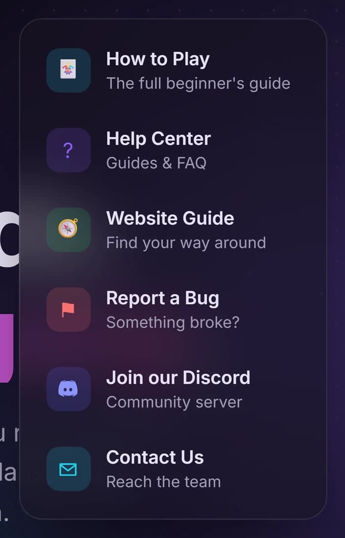 The Support menu as it appears on the site